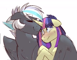 Size: 4500x3500 | Tagged: safe, artist:canisrettmajoris, imported from derpibooru, oc, oc only, oc:snowy racer, oc:starlight nebula, pegasus, pony, unicorn, cross-popping veins, eyes closed, female, floppy ears, hug, male, mare, oc x oc, offspring, offspring shipping, parent:comet tail, parent:double diamond, parent:night glider, parent:twilight sparkle, parents:cometlight, parents:nightdiamond, shipping, simple background, stallion, straight, white background, winghug