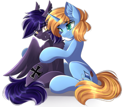 Size: 4501x3899 | Tagged: safe, artist:airiniblock, imported from derpibooru, oc, oc only, pegasus, pony, unicorn, female, hug, male, rcf community, simple background, smiling, stallion, transparent background
