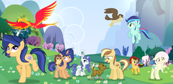Size: 7535x3647 | Tagged: safe, artist:velveagicsentryyt, imported from derpibooru, oc, oc only, oc:apple pie, oc:destiny, oc:galaxy swirls, oc:party pie, oc:rainbow blitzes, oc:sky city, oc:velvet sentry, dog, hawk, hybrid, owl, phoenix, pony, rabbit, unicorn, vampire fruit bat, base used, female, generation xerox, interspecies offspring, mare, next generation, offspring, parent:applejack, parent:caramel, parent:cheese sandwich, parent:discord, parent:fancypants, parent:flash sentry, parent:fluttershy, parent:pinkie pie, parent:rainbow dash, parent:rarity, parent:soarin', parent:twilight sparkle, parents:carajack, parents:cheesepie, parents:discoshy, parents:flashlight, parents:raripants, parents:soarindash, pet oc