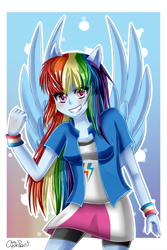 Size: 2000x3000 | Tagged: safe, artist:wolfchen999, imported from derpibooru, rainbow dash, equestria girls, blushing, clothes, compression shorts, cute, female, looking at you, miniskirt, moe, shirt, shorts, skirt, smiling, solo, wings, wristband
