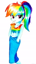 Size: 1433x2547 | Tagged: safe, artist:liaaqila, imported from derpibooru, rainbow dash, equestria girls, equestria girls series, spring breakdown, spoiler:eqg series (season 2), belly button, clothes, female, midriff, pants, sexy, simple background, solo, traditional art, white background