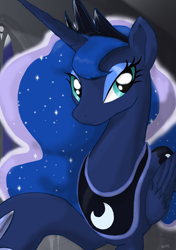 Size: 1500x2126 | Tagged: safe, artist:yewdee, imported from derpibooru, princess luna, alicorn, pony, female, looking at you, mare, raised hoof, solo
