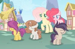 Size: 1280x844 | Tagged: safe, artist:elementbases, artist:xxthunderspeedxx, imported from derpibooru, fluttershy, pinkie pie, oc, oc:arc flight, oc:dance note, oc:music humble, earth pony, pegasus, pony, unicorn, alternate design, base used, colored pupils, eyes closed, female, filly, next generation, offspring, parent:apple bloom, parent:button mash, parent:rumble, parent:scootaloo, parent:sweetie belle, parent:tender taps, parents:rumbloo, parents:sweetiemash, parents:tenderbloom, ponyville, raised hoof