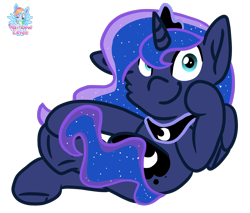 Size: 1462x1248 | Tagged: safe, artist:rainbow eevee, imported from derpibooru, princess luna, alicorn, pony, crossed legs, cute, cutie mark, female, looking at you, simple background, sitting, solo, transparent background