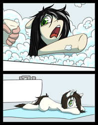 Size: 1577x2000 | Tagged: safe, artist:senaelik, imported from derpibooru, oc, oc only, oc:floor bored, earth pony, human, pony, adorable distress, alternate hair color, bath, bathroom, bathtub, bubble, bubble bath, cute, dirty, female, floppy ears, forced bathing, frown, hair over one eye, hand, looking at you, looking up, mare, prone, soap, solo focus, towel, underhoof, washing, wet mane, white coat, wide eyes