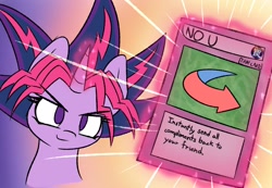 Size: 1300x900 | Tagged: safe, alternate version, artist:heir-of-rick, imported from derpibooru, twilight sparkle, pony, crossover, female, glowing horn, magic, mare, meme, no u, smiling, solo, telekinesis, yu-gi-oh!