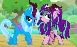 Size: 5000x3036 | Tagged: safe, artist:illumnious, artist:ktd1993, artist:mlpcreativelab, imported from derpibooru, aria blaze, trixie, kirin, arixie, cloven hooves, colored hooves, female, kirin trixie, kirin-ified, lesbian, shipping, species swap