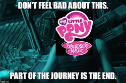 Size: 756x499 | Tagged: safe, imported from derpibooru, 1000 years in photoshop, avengers: endgame, caption, end of g4, end of ponies, image macro, impact font, iron man, marvel, marvel cinematic universe, meme, my little pony logo, series finale, text, tony stark