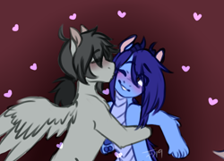 Size: 2254x1622 | Tagged: safe, artist:fishtoonz, imported from derpibooru, oc, oc:blue sea, oc:dusty records, earth pony, hybrid, pegasus, pony, dragon hybrid, female, horns, mare, oc x oc, shipping, water dragon