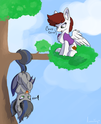 Size: 3000x3688 | Tagged: safe, artist:aurorafang, imported from derpibooru, oc, oc only, oc:graph travel, oc:nightglider, bat pony, pegasus, pony, bat pony oc, behaving like a bat, behaving like a bird, chest fluff, chirping, clothes, dock, dock piercing, duo, ear fluff, ear piercing, earring, female, food, freckles, graph believe being bird, jewelry, looking at each other, mango, mare, nom, piercing, silly, silly pony, simple background, sitting, spread wings, tree, tree branch, underhoof, upside down, vest, wings