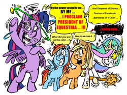 Size: 1280x956 | Tagged: safe, artist:tokyotoyy2k, imported from derpibooru, applejack, princess celestia, rainbow dash, twilight sparkle, alicorn, pony, delusion, dialogue, dizzy, drunk, fear, grin, mace, medieval, nervous, nervous grin, rage, rave, simple background, smiling, stuttering, this will end in pain, twilight sparkle (alicorn), weapon, white background, worried, worry, wrath