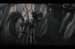 Size: 2020x1342 | Tagged: safe, artist:ventious, imported from derpibooru, oc, oc only, oc:nighttide star, cyborg, pony, crying, female, looking back, mare, prosthetics, solo, spanish moss, swamp