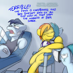 Size: 800x800 | Tagged: safe, artist:captainhoers, imported from derpibooru, soarin', spitfire, oc, oc:concorde, pegasus, pony, the sunjackers, cyberpunk, family, female, hospital, hug, male, mare, mother and child, mother and daughter, nonbinary, offspring, older, parent:soarin', parent:spitfire, parents:soarinfire, shipping, soarinfire, stallion, straight