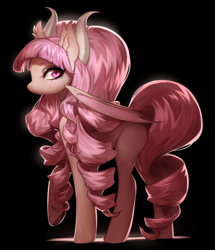 Size: 3037x3535 | Tagged: safe, artist:aphphphphp, imported from derpibooru, oc, oc only, bat pony, pony, bat pony oc, black background, cutie mark, female, horns, mare, raised hoof, simple background, solo, underhoof