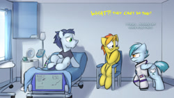 Size: 1280x720 | Tagged: safe, artist:captainhoers, imported from derpibooru, soarin', spitfire, oc, oc:concorde, pony, the sunjackers, bed, cyberpunk, family, female, glasses, hospital, hospital bed, male, mare, nonbinary, offspring, older, parent:soarin', parent:spitfire, parents:soarinfire, shipping, soarinfire, stallion, straight