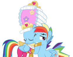 Size: 696x540 | Tagged: safe, artist:kayman13, artist:trotsworth, imported from derpibooru, rainbow dash, pony, swarm of the century, blushing, clothes, dashblitz, dashie antoinette, dress, embarrassed, female, holding head, i love you, jewelry, love, male, powdered wig, rainbow blitz, rainbow dash always dresses in style, rule 63, self ponidox, selfcest, shipping, simple background, straight, tiara, transparent background, wig