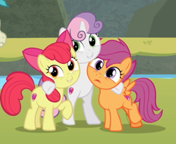 Size: 810x663 | Tagged: safe, imported from derpibooru, screencap, apple bloom, scootaloo, sweetie belle, earth pony, pegasus, pony, unicorn, surf and/or turf, adorabloom, bipedal, cropped, cute, cutealoo, cutie mark, cutie mark crusaders, diasweetes, female, filly, group hug, hug, smiling, the cmc's cutie marks, trio, trio female