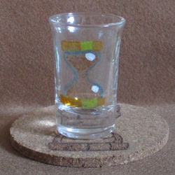 Size: 927x927 | Tagged: safe, artist:malte279, imported from derpibooru, doctor whooves, minuette, time turner, coaster, cork, craft, cutie mark, glass, glass painting, pyrography, sandglass, shot glass, traditional art