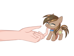 Size: 4320x3284 | Tagged: safe, artist:pesty_skillengton, imported from derpibooru, oc, oc only, oc:dawnsong, earth pony, pony, chin scratch, collar, cute, female, glasses, hand, happy, simple background, smol, solo, tiny, tiny ponies, white background, ych result