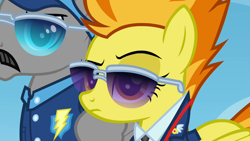 Size: 1280x720 | Tagged: safe, imported from derpibooru, screencap, spitfire, whiplash, pegasus, pony, wonderbolts academy, captain of the wonderbolts, clothes, confused, drill sergeant, duo, facial hair, female, folded wings, frown, impatient, leader, male, mare, moustache, narrowed eyes, necktie, raised eyebrow, stallion, sunglasses, uniform, wonderbolts dress uniform, wonderbolts uniform