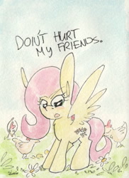 Size: 699x958 | Tagged: safe, artist:slightlyshade, imported from derpibooru, fluttershy, bird, chicken, pony, angry, female, grass, long ears, solo, text, traditional art