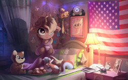 Size: 4000x2500 | Tagged: safe, artist:freeedon, imported from derpibooru, oc, oc only, bear, pony, semi-anthro, squirrel, unicorn, :<, :i, american flag, animated in description, bed, bedroom, book, cheek fluff, clock, clothes, commission, curtains, cute, ear fluff, eating, eye clipping through hair, female, filly, flag, floppy ears, fluffy, food, grin, hoof hold, lamp, leg fluff, looking up, mare, neck fluff, night, picture, picture frame, pillow, pipe, robe, sitting, smiling, squee, stars, sticky note, sweater, tea, window