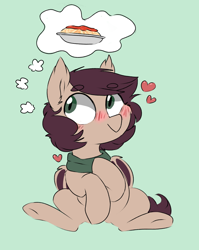 Size: 1764x2220 | Tagged: safe, artist:pucksterv, imported from derpibooru, oc, oc only, oc:slumber tea, bat pony, pony, bat pony oc, blushing, clothes, cute, food, heart, holiday, pasta, scarf, solo, spaghetti, thought bubble, valentine's day