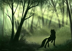 Size: 1023x723 | Tagged: safe, artist:platinumfeather2002, deleted from derpibooru, imported from derpibooru, oc, oc only, pony, crepuscular rays, forest, solo