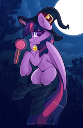 Size: 1772x2717 | Tagged: safe, artist:php97, imported from derpibooru, twilight sparkle, alicorn, pony, bell, bell collar, candy, clothes, collar, female, flying, food, full moon, glowing horn, hat, lollipop, magic, mare, missing cutie mark, moon, panties, smiling, socks, solo, stockings, striped socks, telekinesis, thigh highs, twilight sparkle (alicorn), underwear, witch hat