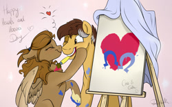 Size: 1280x795 | Tagged: safe, artist:rutkotka, imported from derpibooru, oc, oc only, earth pony, pegasus, pony, big grin, boop, easel, eyes closed, female, grin, happy, heart, hearts and hooves day, husband and wife, love, male, mare, noseboop, one eye closed, paintbrush, smiling, stallion