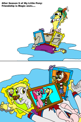 Size: 2668x4000 | Tagged: safe, artist:blackrhinoranger, imported from derpibooru, autumn blaze, derpy hooves, pinkie pie, 2 panel comic, comic, crossover, crying, ed, ed (ed edd n eddy), ed edd n eddy, end of g4, end of ponies, final season, food, last season, muffin, pictures, sad, series finale blues, who's minding the ed