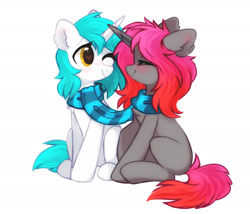 Size: 2100x1800 | Tagged: safe, artist:mirtash, imported from derpibooru, oc, pony, unicorn, clothes, commission, crossed horns, duo, female, heart, heart eyes, horn, horns are touching, lesbian, looking at each other, mare, one eye closed, rcf community, scarf, shared clothing, shared scarf, shipping, wingding eyes