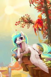 Size: 1600x2400 | Tagged: dead source, safe, artist:viwrastupr, edit, imported from derpibooru, philomena, princess celestia, alicorn, phoenix, pony, cute, cutelestia, duo, female, looking at you, mare, prone, sitting, smiling, spread wings, sun, waterfall, wings