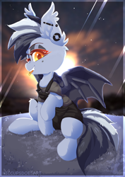 Size: 2480x3508 | Tagged: safe, artist:hiccupsdoesart, deleted from derpibooru, imported from derpibooru, oc, oc only, oc:noveske, bat pony, pony, :p, bat pony oc, ear piercing, piercing, sitting, solo, tongue out