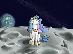 Size: 1600x1200 | Tagged: safe, artist:rocket-lawnchair, artist:sonicontinuum, imported from derpibooru, princess celestia, alicorn, pony, banished to the moon, earth, faic, female, hoof shoes, mare, moon, on the moon, role reversal, scenery, sitting, solo, space, the tables have turned, to the moon, wat, wide eyes