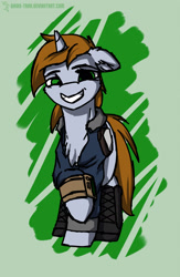 Size: 1280x1963 | Tagged: safe, artist:shido-tara, imported from derpibooru, oc, oc only, oc:littlepip, pony, unicorn, fallout equestria, abstract background, fallout, fanfic, fanfic art, female, floppy ears, grin, hooves, horn, looking at you, mare, pipbuck, raised hoof, smiling, solo