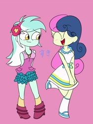 Size: 1200x1600 | Tagged: safe, artist:nene, imported from derpibooru, bon bon, lyra heartstrings, sweetie drops, equestria girls, adorabon, blushing, boots, clothes, cute, dress, eyes closed, female, implied lesbian, implied lyrabon, implied shipping, lyrabetes, pink background, shoes, simple background, smiling