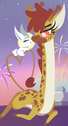 Size: 700x1300 | Tagged: safe, artist:dragonpone, derpibooru exclusive, imported from derpibooru, angel bunny, clementine, giraffe, rabbit, angina, blush sticker, blushing, boop, eyes closed, female, fireworks, full moon, interspecies, lidded eyes, lineless, male, moon, noseboop, prone, shipping, smiling, stars, straight, twilight (astronomy), water fountain