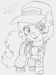 Size: 754x1000 | Tagged: safe, artist:lockhe4rt, imported from derpibooru, oc, oc only, oc:filly anon, earth pony, pony, clothes, dialogue, female, filly, hat, pants, simple background, solo, white background