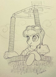 Size: 747x1024 | Tagged: safe, artist:daisymane, imported from derpibooru, cherry berry, earth pony, pony, aviator hat, cloud, female, goggles, hat, hot air balloon, mare, monochrome, pencil drawing, sketch, smiling, solo, traditional art