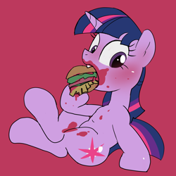 Size: 1750x1750 | Tagged: safe, artist:baigak, imported from derpibooru, twilight sparkle, pony, unicorn, blushing, burger, eating, female, food, hay burger, mare, messy eating, pink background, simple background, solo, that pony sure does love burgers, twilight burgkle, unicorn twilight