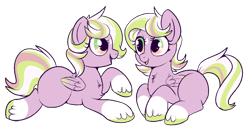 Size: 1100x569 | Tagged: safe, artist:lulubell, imported from derpibooru, oc, oc only, oc:sorbet, oc:yogurt, pegasus, pony, chest fluff, female, filly, mare, smiling, twins, unshorn fetlocks