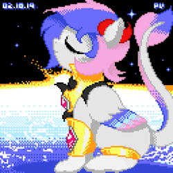 Size: 1024x1024 | Tagged: safe, artist:branewashpv, artist:theratedrshimmer, imported from derpibooru, oc, original species, pony, armor, art trade, chest fluff, colored wings, eyes closed, giant pony, leonine tail, macro, pixel art, planet, space