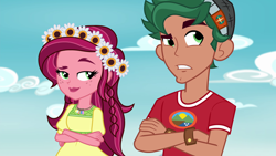 Size: 1920x1080 | Tagged: safe, imported from derpibooru, screencap, gloriosa daisy, timber spruce, equestria girls, legend of everfree, brother and sister, camp everfree logo, camp everfree outfits, clothes, crossed arms, female, flower, flower in hair, geode of fauna, geode of shielding, geode of sugar bombs, geode of super speed, geode of super strength, magical geodes, male, sky