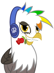 Size: 763x1026 | Tagged: safe, artist:chipmagnum, imported from derpibooru, oc, oc only, oc:skoop coffe, griffon, flower, headphones, mouth hold, rose, simple background, solo, transparent background, vector