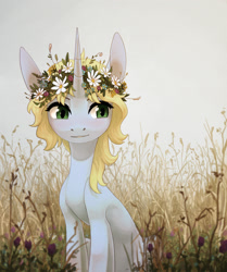 Size: 2027x2428 | Tagged: safe, artist:koviry, imported from derpibooru, oc, oc only, oc:art's desire, pony, unicorn, floral head wreath, flower, solo