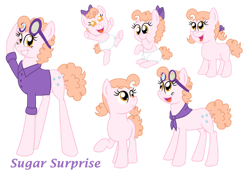 Size: 1024x710 | Tagged: safe, artist:crazynutbob, imported from derpibooru, oc, oc:sugar surprise, pony, adult, baby, bandana, bow, button, clothes, diaper, female, filly, foal, goggles, growing up, hair bow, mare, neckerchief, offspring, parent:cheese sandwich, parent:pinkie pie, parents:cheesepie, pigtails, shirt, teenager