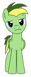 Size: 657x1599 | Tagged: safe, artist:didgereethebrony, imported from derpibooru, oc, oc only, oc:didgeree, pegasus, pony, blue eyes, colored lineart, folded wings, frown, green coat, lidded eyes, looking at you, male, reupload, simple background, solo, spiky mane, spiky tail, stallion, standing, transparent background, two toned mane, two toned tail, unamused, updated, updated design, vector, wings