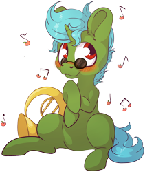 Size: 2850x3369 | Tagged: safe, artist:cutepencilcase, imported from derpibooru, oc, oc:blue note, pony, commission, cute, french horn, green, green pony, male, music notes, musical instrument, ocbetes, simple background, stallion, transparent background