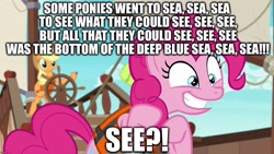 Size: 1280x720 | Tagged: source needed, safe, edit, edited screencap, imported from derpibooru, screencap, applejack, pinkie pie, ppov, season 6, caption, image macro, imgflip, impact font, smiling, song reference, text, veggietales
